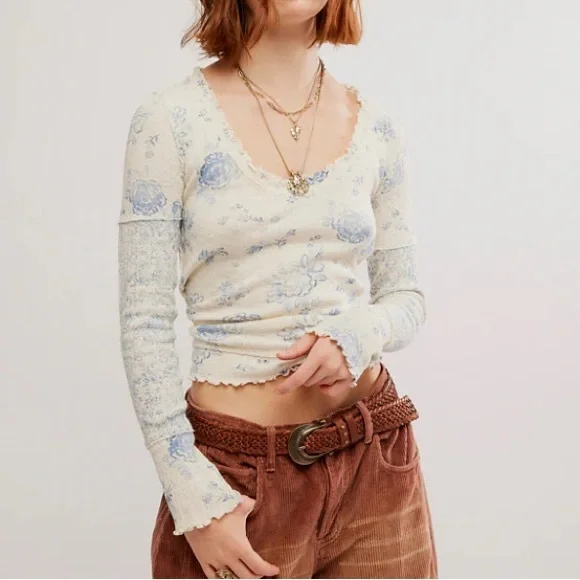 🌻🆕FREE PEOPLE We The Free Clover Printed Thermal-Ivory Combo-Size Medium - Picture 5 of 16